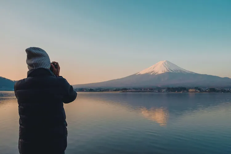 Snow-capped Mount Fuji at sunrise, Lake Kawaguchiko