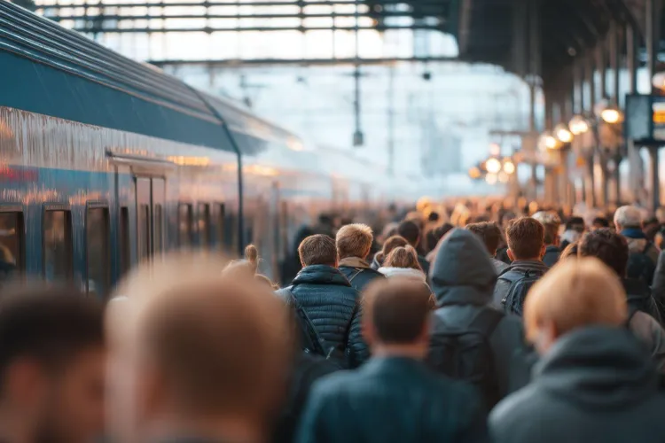 People walking on train platform