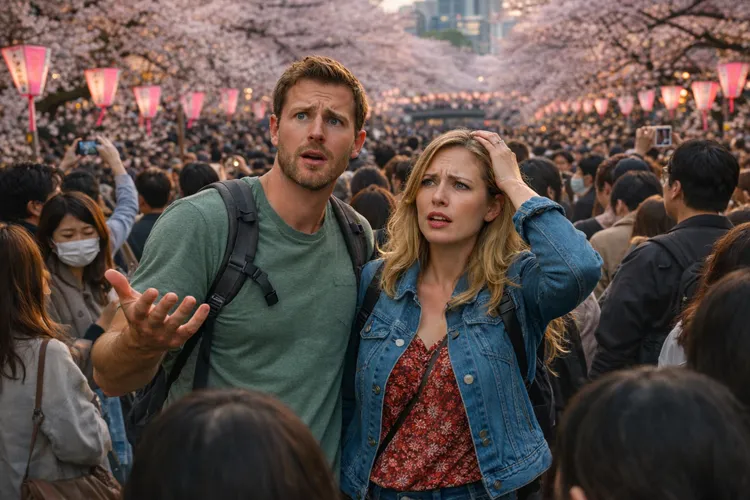 Foreign tourists looking confused in a crowded cherry blossom viewing spot in Tokyo during sakura season