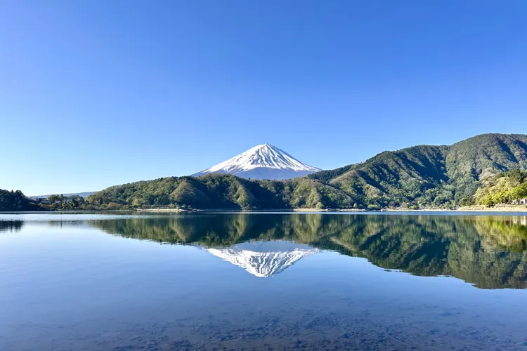Mount Fuji reflection on Lake Kawaguchi in Japan