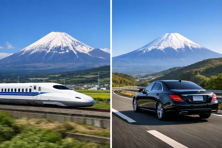 Comparison of Shinkansen bullet train and private car travel between Tokyo and Kyoto with Mount Fuji in the background